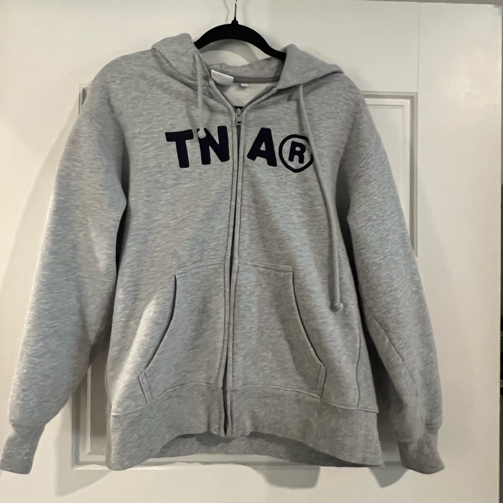 TNA Gray Zip Up Sweater with Hood and Ribbed Cuffs